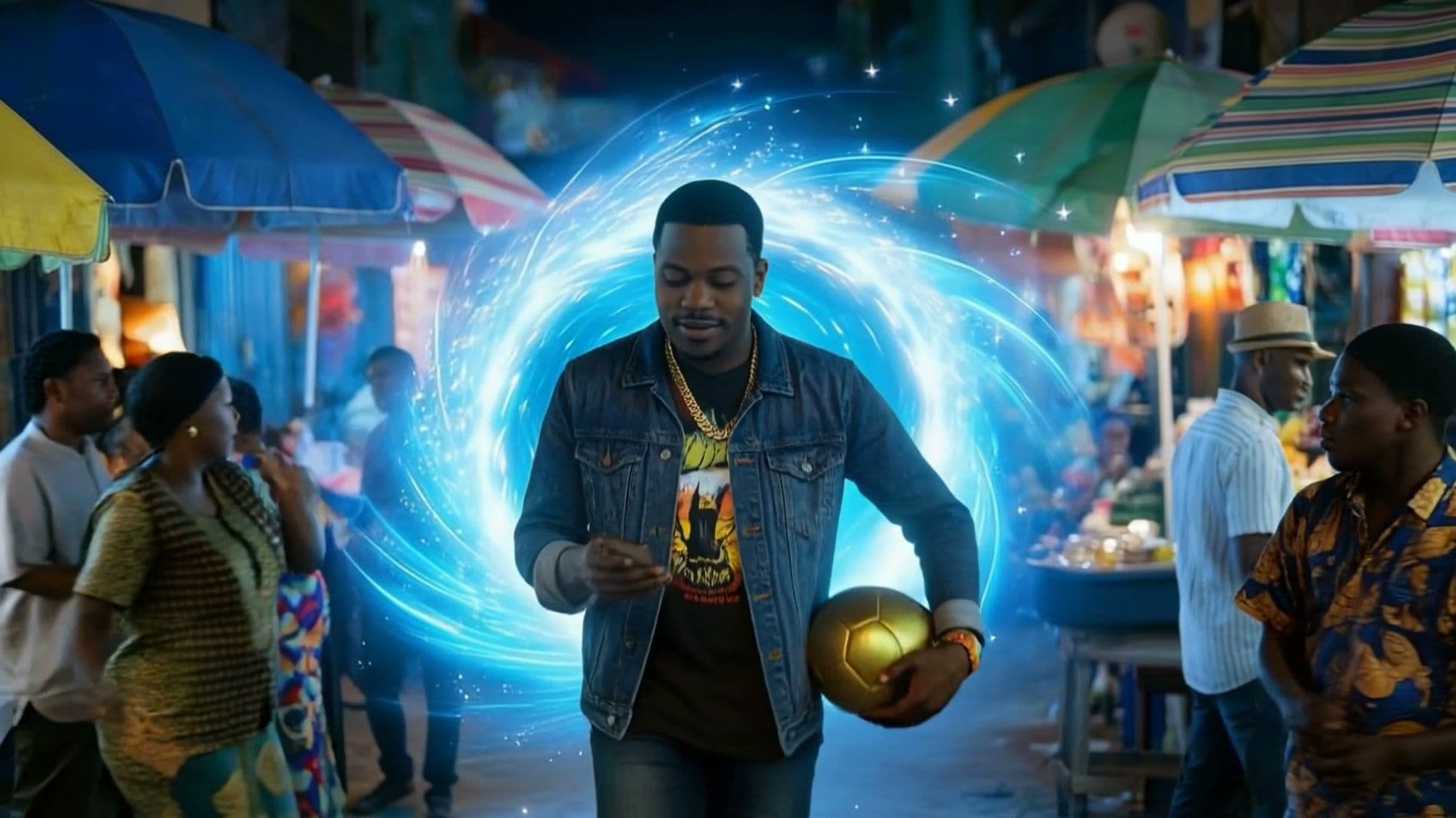 Character back in the real-world market holding a glowing golden football, portal still active behind him