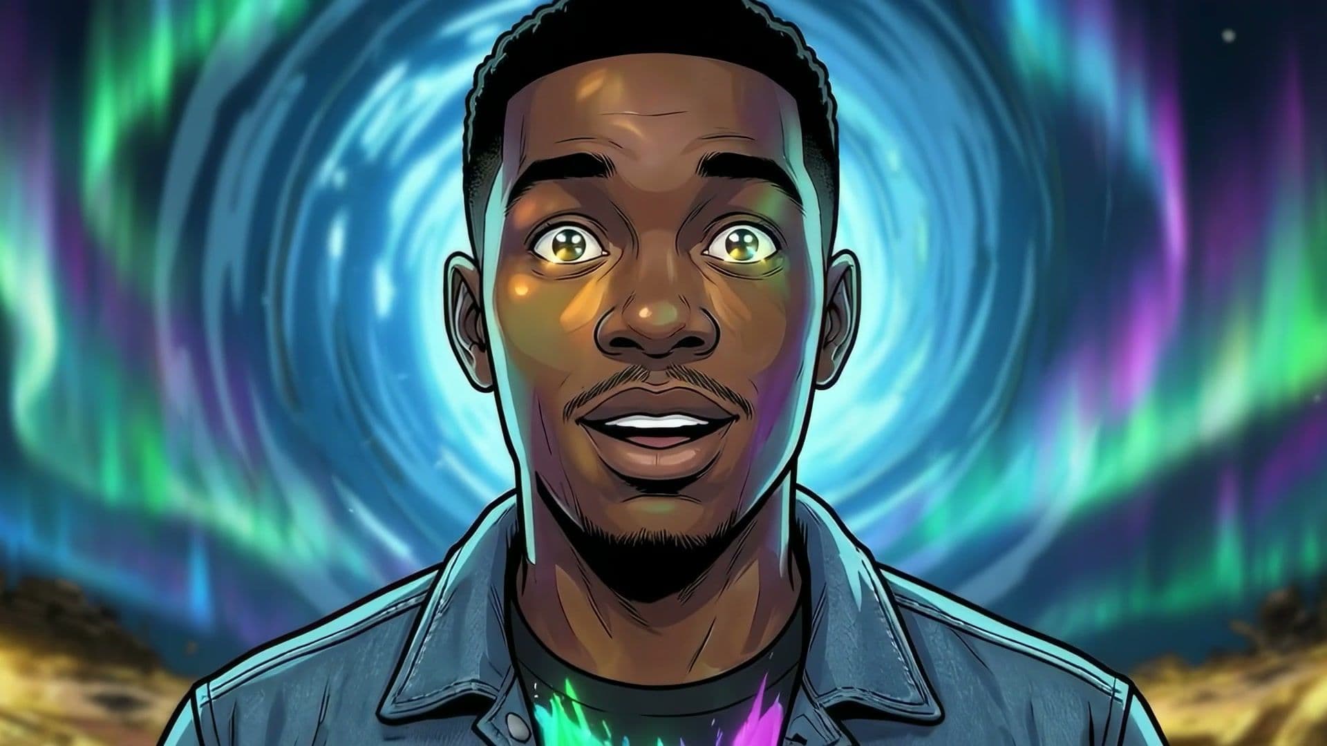 Close-up of the AI-animated character's face with glowing golden eyes and aurora sky