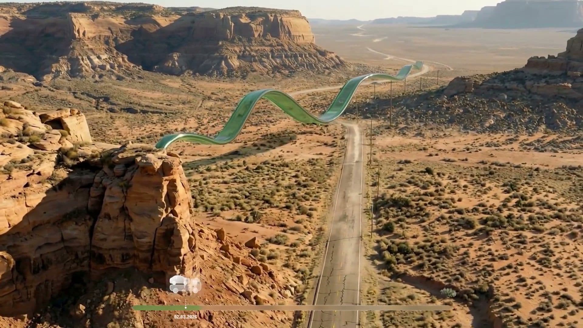 Green ribbon flows above a car transport truck on a Nevada desert highway