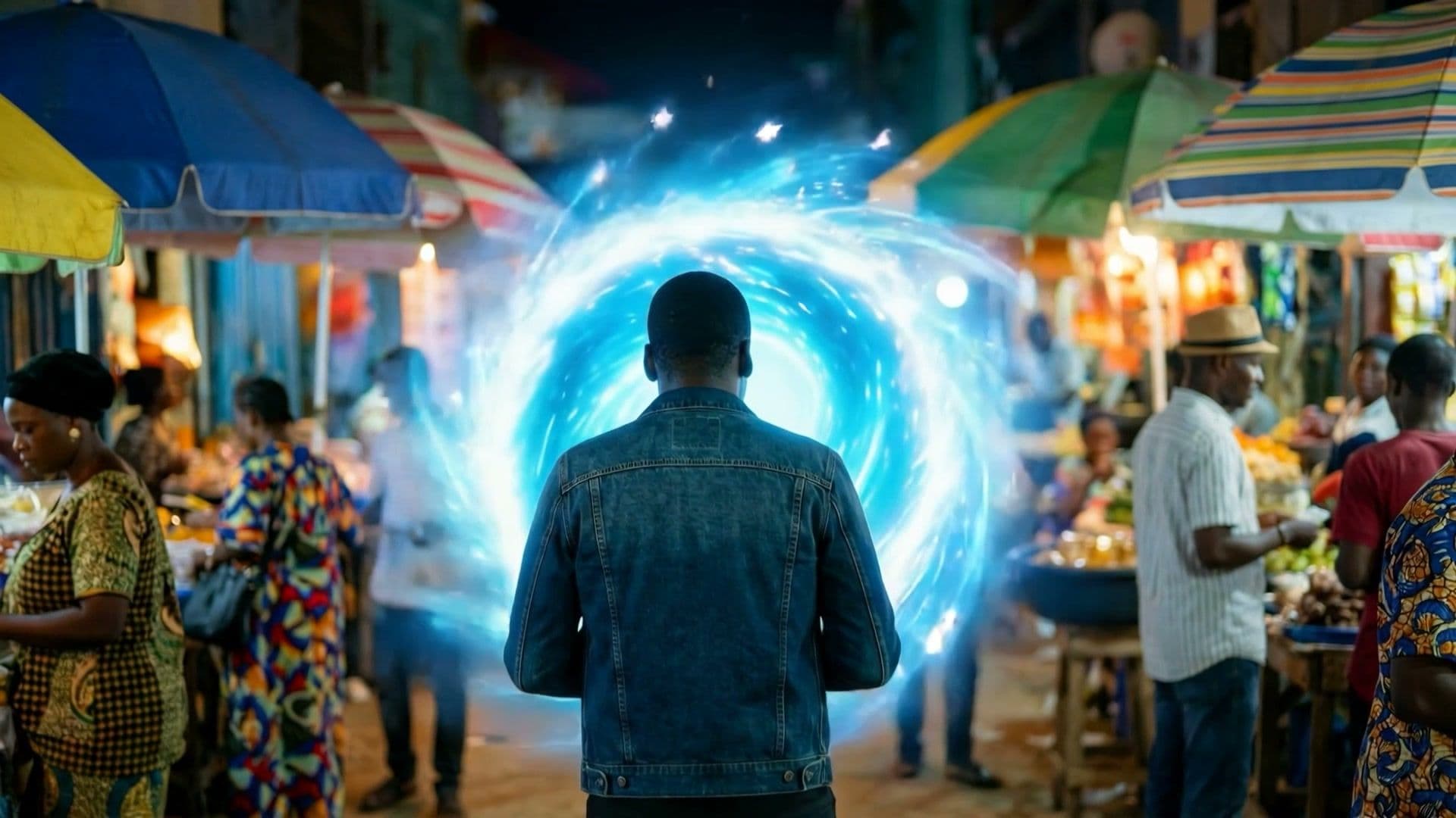 Character from behind facing a glowing blue swirling portal in the market