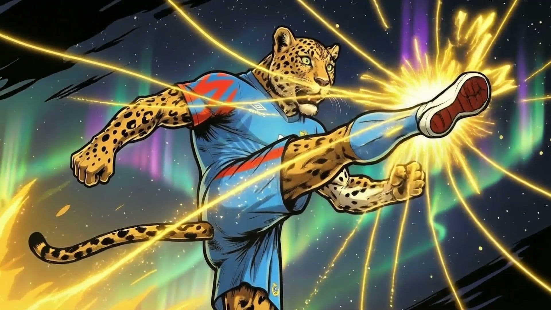Anthropomorphic leopard in a DRC AFCON jersey delivering a powerful kick with golden energy