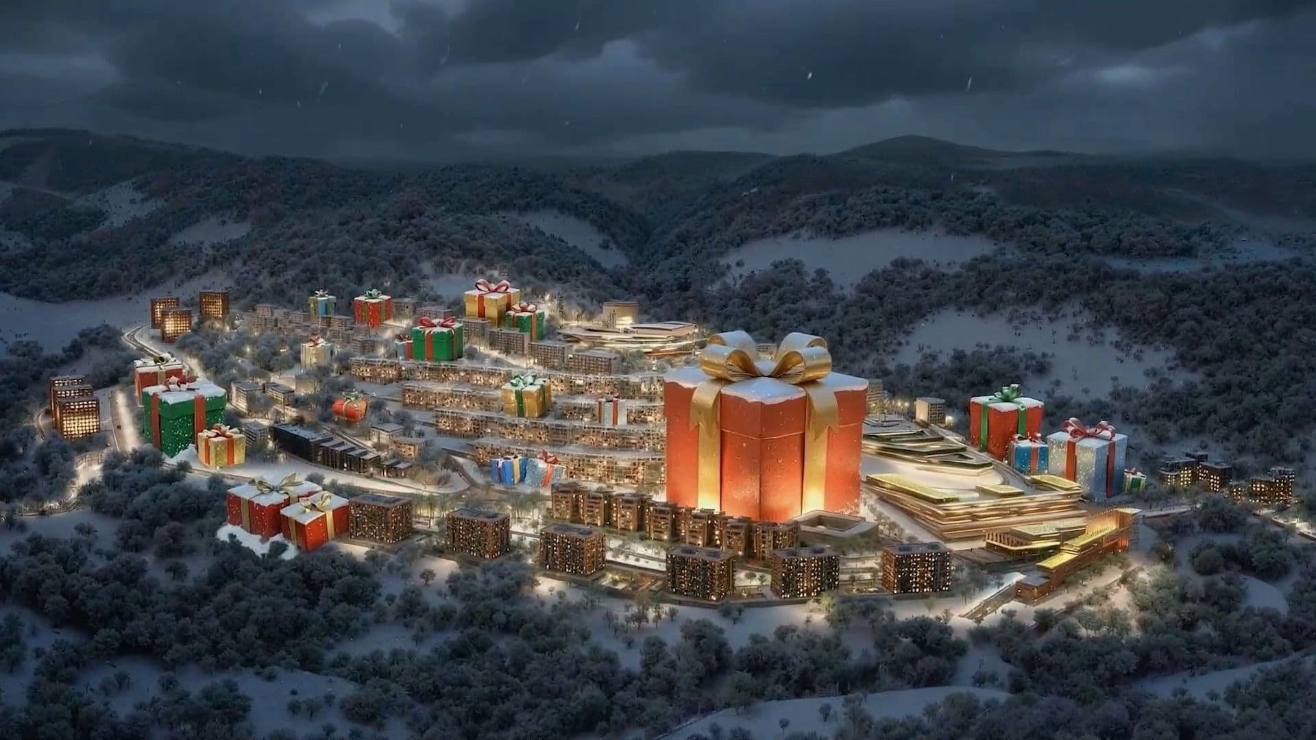 Aerial night view of Tbilisi Acres transformed into a snow-covered Christmas village, with every building wrapped like a glowing gift box and a towering red present with a golden bow at the center.