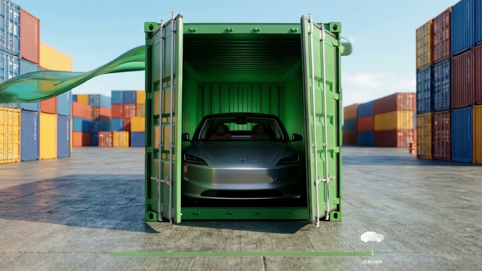 A green Cargo Polo shipping container opens to reveal a car safely delivered inside