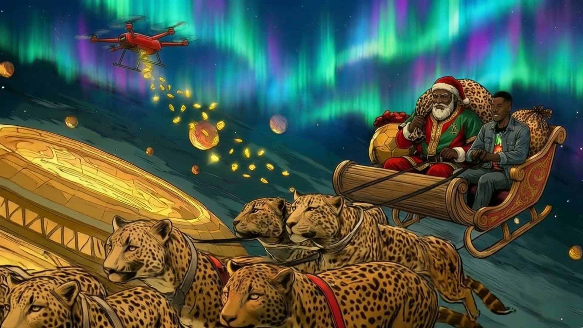 African Santa in dashiki and leopard print coat rides a sleigh pulled by leopards alongside the character