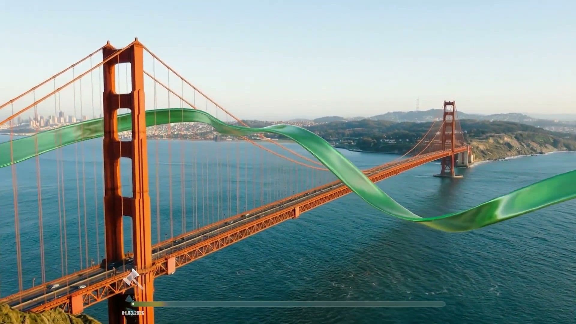The brand's green ribbon weaves through the Golden Gate Bridge cables