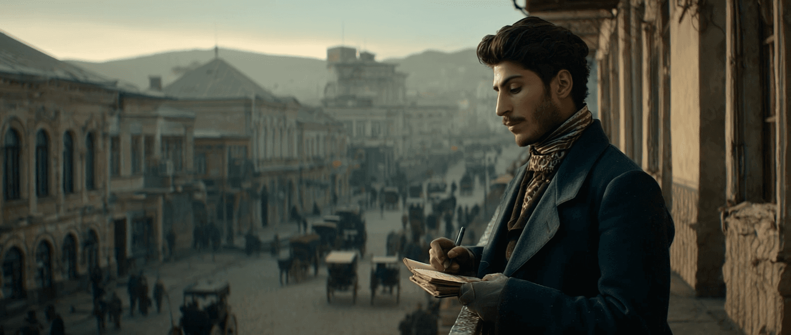 Young Stalin writing on a balcony overlooking early 1900s Tbilisi