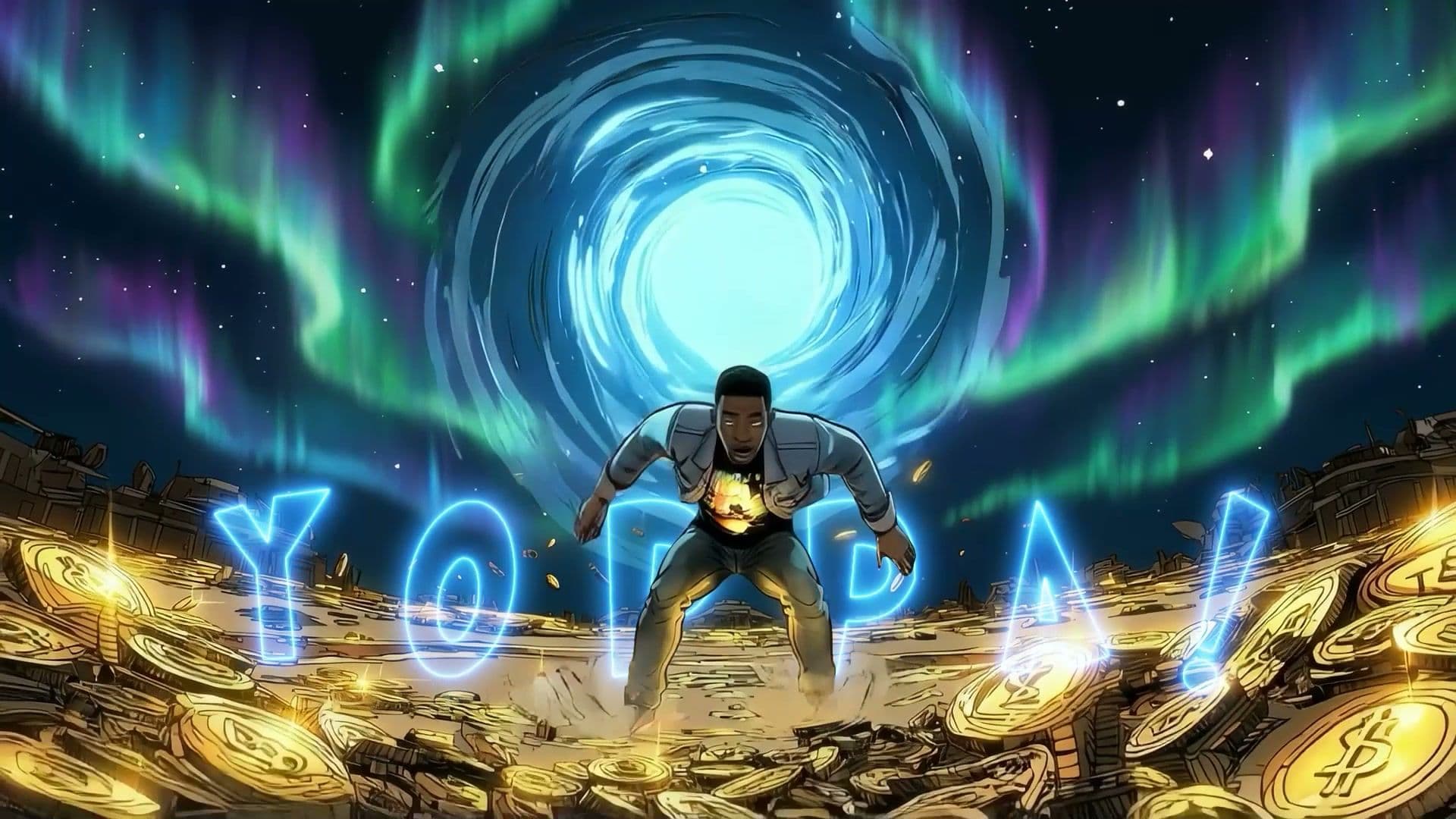 Animated character bursting out of the portal into a coin landscape, YOPPA! in glowing neon