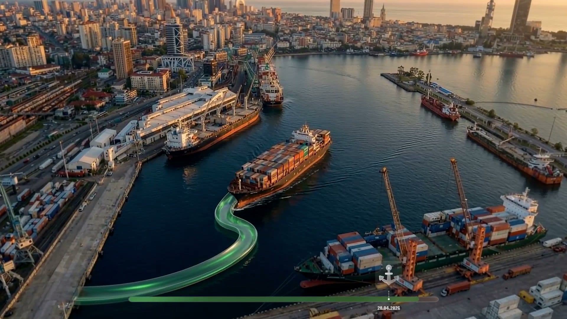 Aerial view of a Georgian port city at golden hour with container ships and the green ribbon leading in