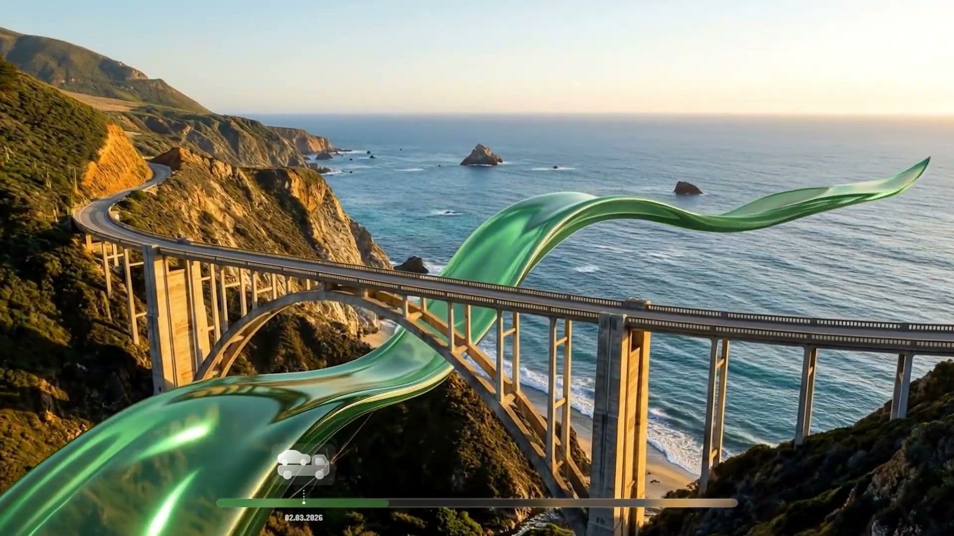 Green ribbon arcs over Bixby Creek Bridge along California's Big Sur coast at sunset