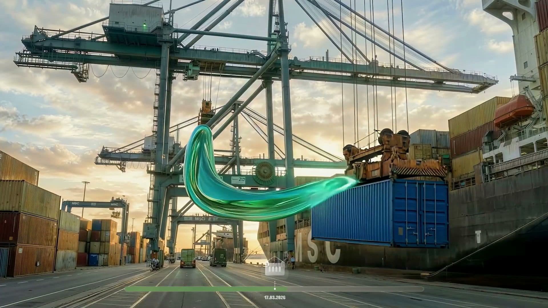 Container port terminal at sunset with the green ribbon curling through crane arms