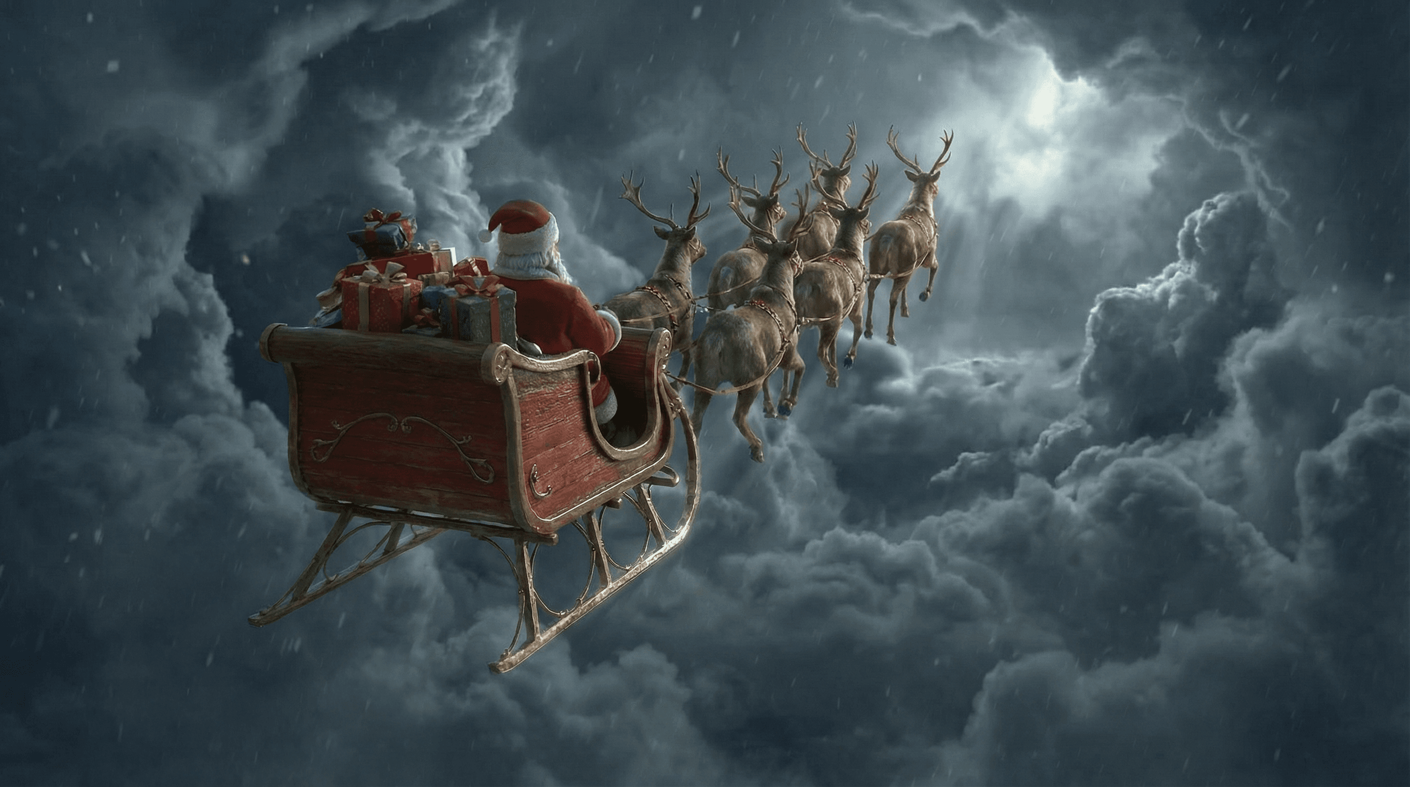 Cinematic shot of Santa Claus in a sleigh pulled by reindeer flying through moonlit storm clouds above Tbilisi Acres, with glowing gift boxes tumbling from the overloaded sleigh toward the illuminated village below.