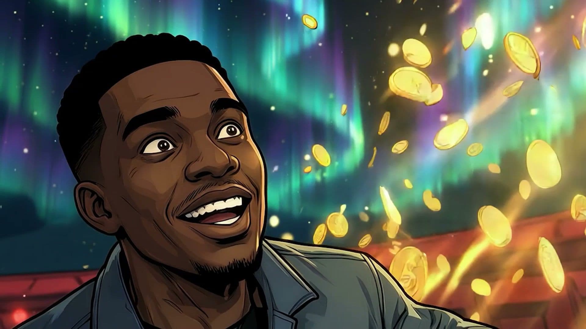 Animated character laughing as golden coins rain down under the aurora sky