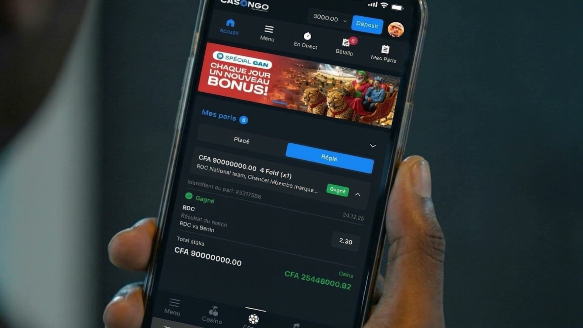 Close-up of the Casongo app showing the Spécial CAN AFCON bonus and a winning DRC vs Benin bet